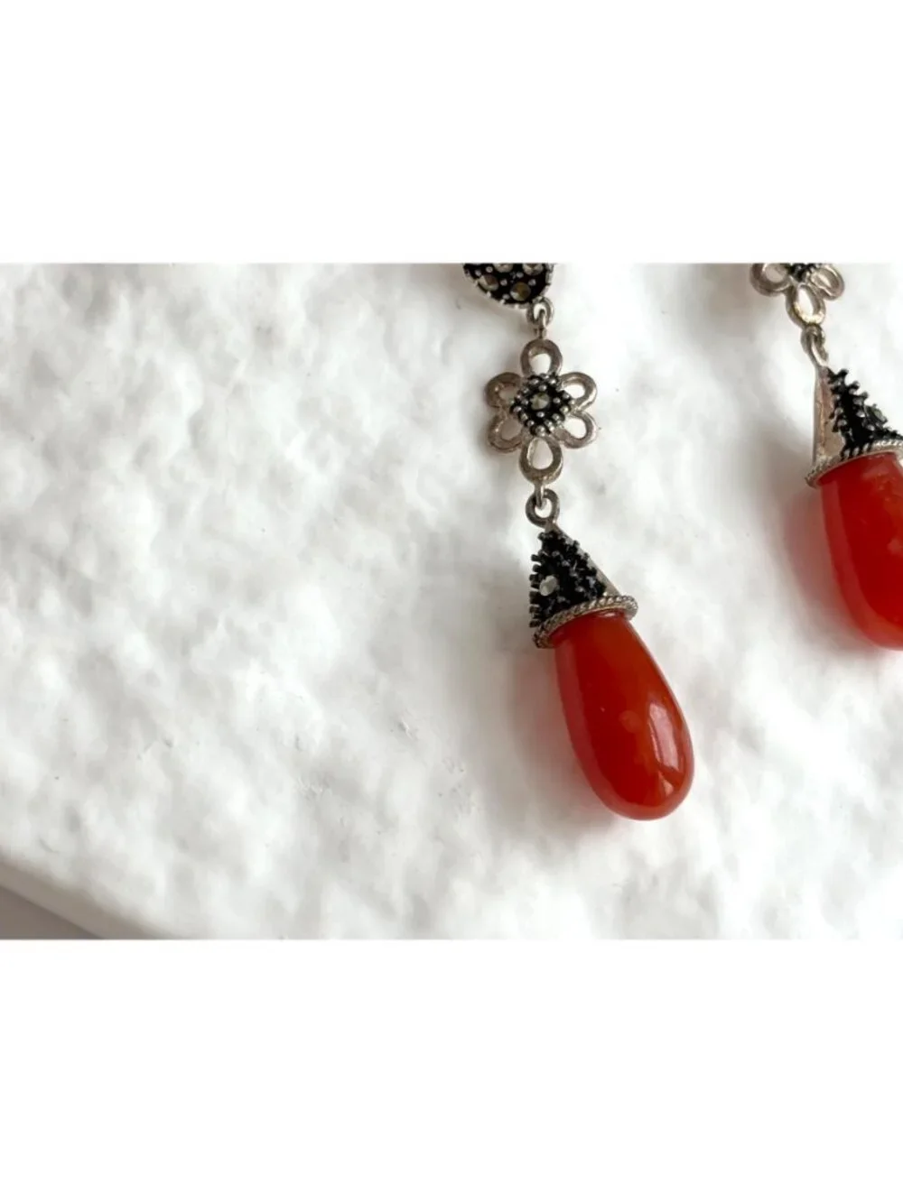 Art Deco Red Coral & Marcasite Floral Teardrop Vintage Sterling Silver Earrings